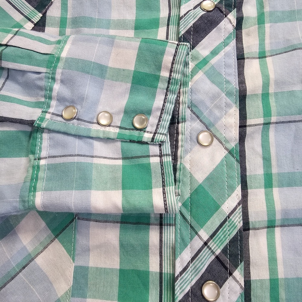 Rustler X-Long Tails‎ Teal, White, Navy Western Pearl Snap Wrangler Cowboy Rodeo - Picture 7 of 9